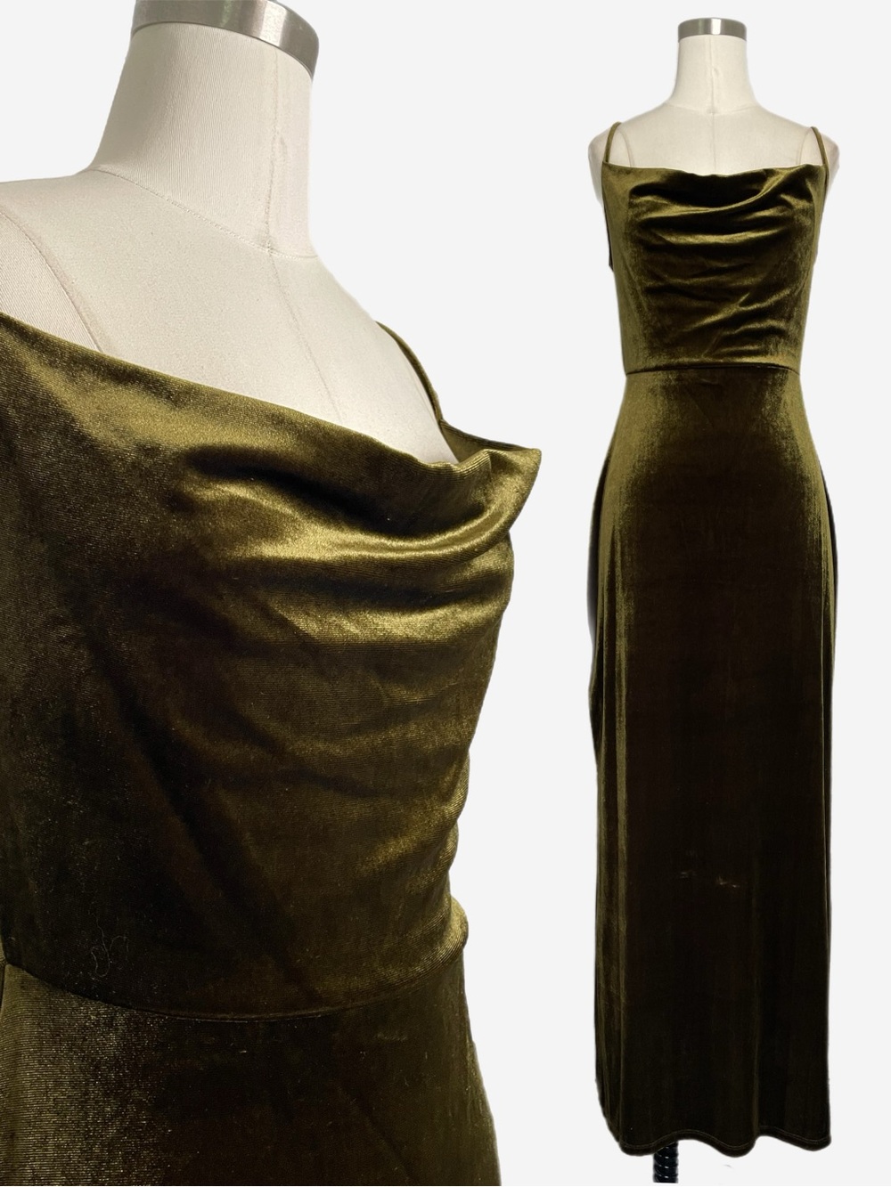 Taylor Olive green velvet cowl neck midi dress holiday event minimal grunge 4